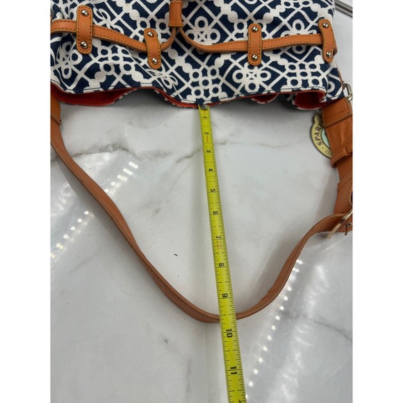 Spartina 449 Navy White Geometric Linen Leather Shoulder Bag Navy White Orange - Picture 13 of 16
